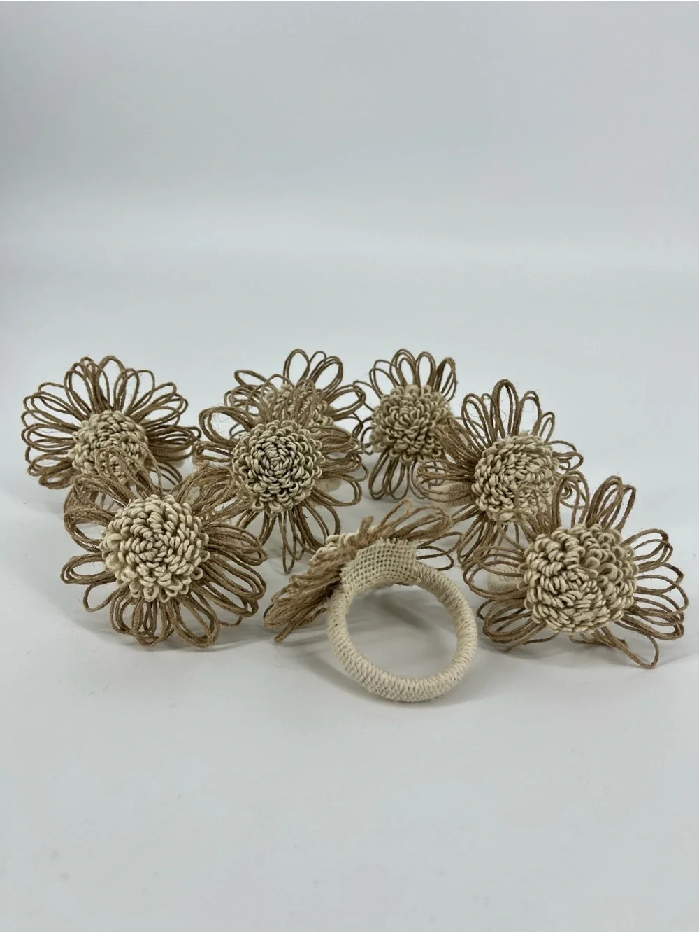 Napkin Rings Burlap Floral Set of 8 Brown Cream Dinning Decor Table Setting